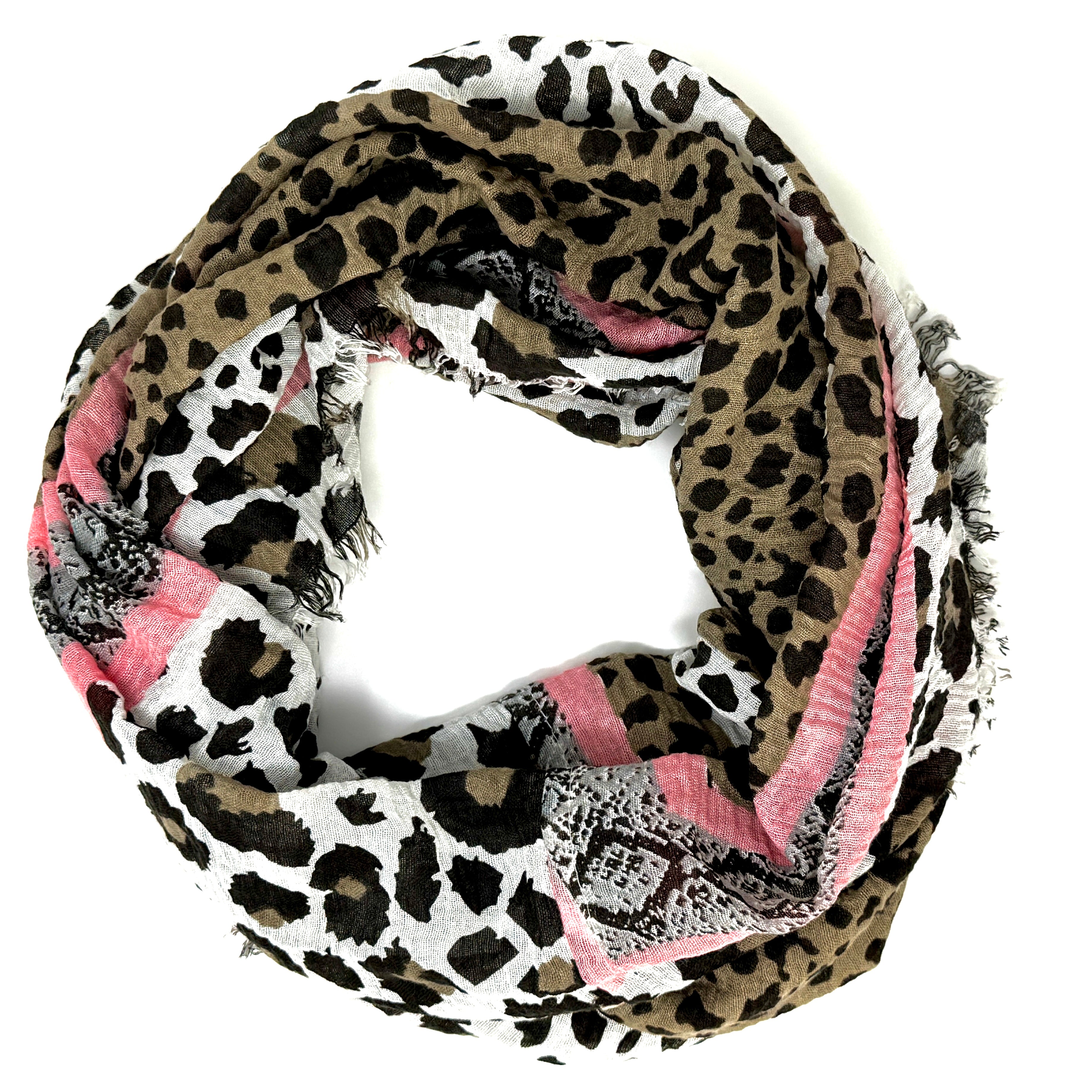 Leichter Leopardenmuster Loop Schal mit rosa Akzenten – modisches Accessoire für Damen